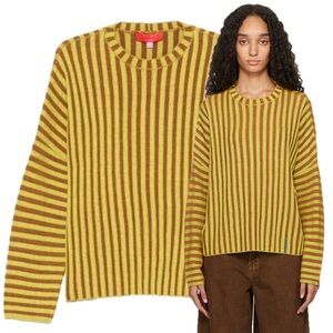 ECKHAUS LATTA Yellow Brown Stripe 100% Merino Wool Knit Crochet Keyboard Sweater